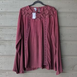NWT Maurice's Burgundy Lace Long Sleeve Boho Blouse Top Size XXL